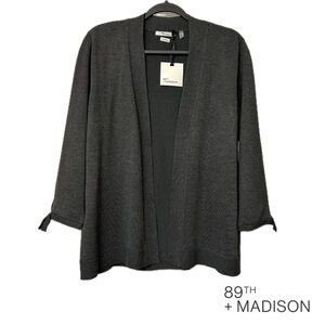 89th+Madison Charcoal Open Front Cardigan with 3/4 Sleeve Bow Detail SizeL